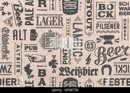Nahtlose Muster mit Biersorten und handgezeichneten Schriftzug Stock Vektor