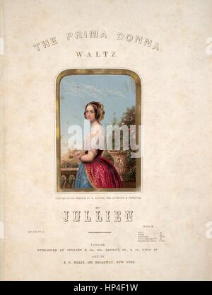 Noten-Cover-Bild des Liedes "The Primadonna Walzer", mit ursprünglichen Autorschaft Noten lesen "von Jullien arrangiert von John C Scherpf", Vereinigtes Königreich, 1900. Der Verlag wird als aufgeführt "Jullien und Co., 214, Regent St. und 45 König St.", die Form der Komposition ist "fünf Sektionaltore Walzer", die Instrumentierung ist "Klavier; Querflöte ", die erste Zeile lautet"None"und der Abbildung Künstler als"Printed in Ölfarben von G. Baxter, der Erfinder und Patentinhaber."aufgeführt ist. Stockfoto