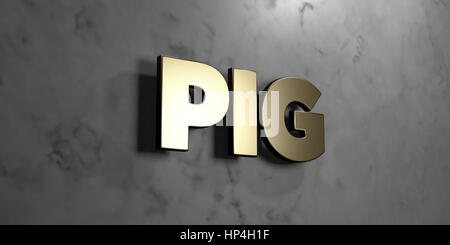 Schwein - Gold Zeichen an glänzenden Marmor Wand montiert - 3D gerenderten Lizenzgebühren freie stock Illustration. Dieses Bild kann für eine Website online Banner Ad o verwendet werden Stockfoto