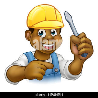 Eine schwarze Elektriker Handwerker Cartoon-Figur hält einen Schraubenzieher und zeigt Stockfoto