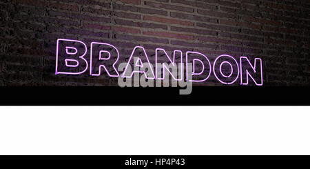 BRANDON - realistische Leuchtreklame auf Ziegelmauer Hintergrund - 3D gerenderten Lizenzgebühren frei Bild. Einsetzbar für Online-Bannerwerbung und Direct-Mailings. Stockfoto