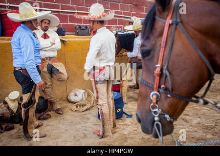Charros in einem Charreada mexikanisches Rodeo am Lienzo Charro Zermeno, Guadalajara, Jalisco, Mexiko Stockfoto