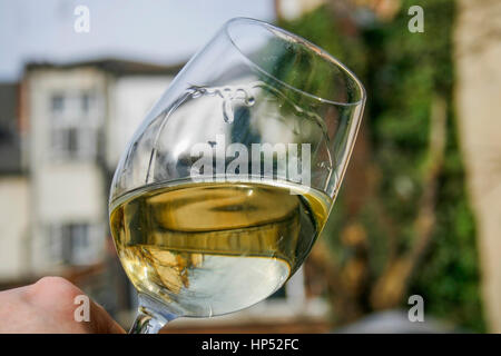 Weißer Wein wirbeln in einem Kristallglas im freien Stockfoto