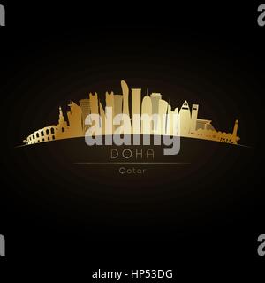 Goldene Logo сity Skyline von Doha. Vektor-Silhouette-illustration Stock Vektor