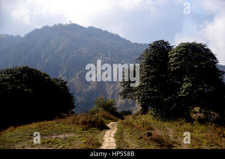 Blick nach Westen auf den Aussichtsturm am Poon Hill von den Fußweg zu Ghorepani im Annapurna Sanctuary, Himalaya, Nepal, Asien. Stockfoto