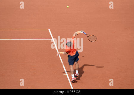 BARCELONA - 24 APR: David Ferrer (spanischer Tennisspieler) feiert einen Sieg auf der ATP Barcelona Open Banc Sabadell Conde de Godo-Turnier am Degen Stockfoto