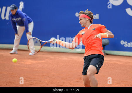 BARCELONA - 24 APR: David Ferrer (spanischer Tennisspieler) feiert einen Sieg auf der ATP Barcelona Open Banc Sabadell Conde de Godo-Turnier am Degen Stockfoto