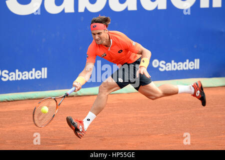 BARCELONA - 24 APR: David Ferrer (spanischer Tennisspieler) feiert einen Sieg auf der ATP Barcelona Open Banc Sabadell Conde de Godo-Turnier am Degen Stockfoto