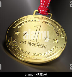 Goldene Medaille mit dem Text Nummer eins auf dunklem Hintergrund. Verbund zwischen einem Bild und einem 3D Hintergrund. Konzept der Geschäfts- oder sportlichen Ehrgeiz. Stockfoto