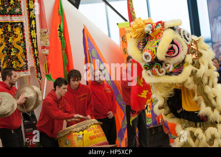 Birmingham, Vereinigtes Königreich. 19. Februar 2017. Fünf britische Lion Dance-Mannschaften, die zu der ersten Resorts World Birmingham Löwentanz champions 2017 Credit: Steven Reh/Alamy Live News Stockfoto