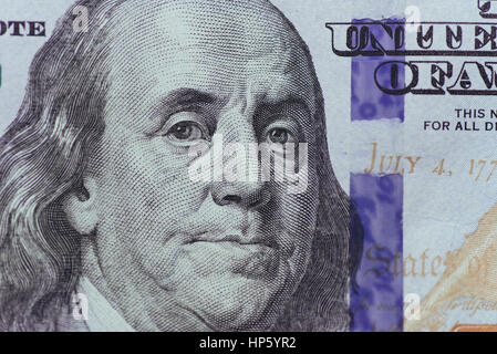 Nahaufnahme von Franklin auf 100 Dollar bill Stockfoto
