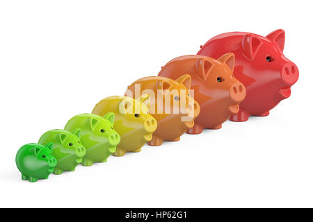 Energieeffizienz-Diagramm von Sparschweine, 3D-Rendering isolierten auf weißen Hintergrund Stockfoto
