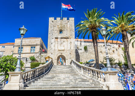 Revelin Turm am Eingang im alten Zentrum der Stadt in der Stadt Korcula, Kroatien Sehenswürdigkeiten, Stockfoto