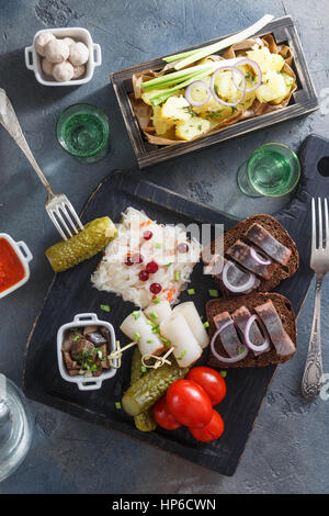 Vorspeise Nahrungsmittel, Hering und Roggenbrot auf Holzbrett mit Wodka und Gurken. Stockfoto