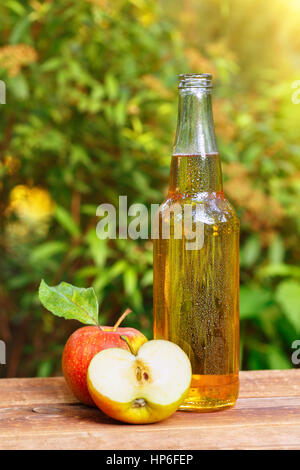 Apfelwein in Glasflasche und Reife frische Äpfel auf Holztisch auf Natur Hintergrund. Apple Cider Getränk auf Holztisch. Stillleben mit Apfel-ci Stockfoto