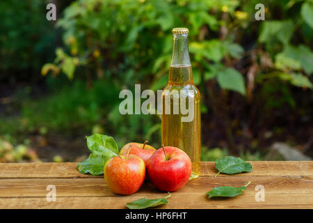 Apfelwein in Glasflasche und Reife frische Äpfel auf Holztisch auf Natur Hintergrund mit Textfreiraum. Apple Cider Getränk auf Holztisch. Noch li Stockfoto