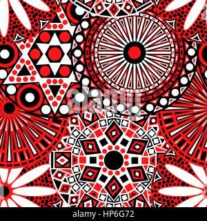 Nahtlose Blumenmuster mit stilisierten geometrischen Blumen als Papier Wrapper, Vektor-Illustration in roten, schwarzen und weißen Farben Stock Vektor