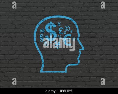 Geschäftskonzept: blaues Kopf mit Finanzen Symbol Symbol auf schwarz Brick Wand Hintergrund gemalt Stockfoto
