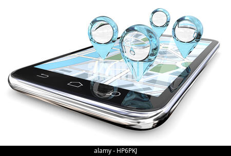 GPS-Zeiger des abstrakten blaues Glas auf Smartphone-Karte. 3D Render. Stockfoto