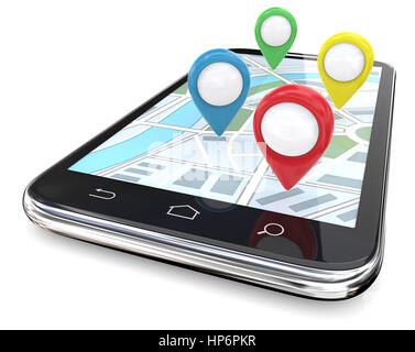 Smartphone mit GPS-Zeiger auf dem Bildschirm. Rot, grün, blau, gelb.  Raum, 3D Rendering zu kopieren. Stockfoto