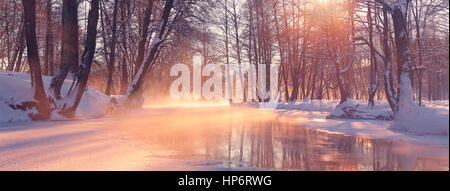 Panorama-Landschaft der Wintermorgen. Rote Sonne beleuchten Winter-Szene. Sonne auf Bäumen im Park. Nebligen Winter Sunrise. Stockfoto