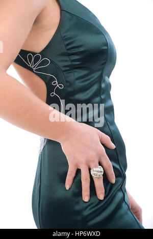 Junge Frau Im Gruenen Abendkleid, Detailaufnahme - junge Frau im Abendkleid, detail Stockfoto