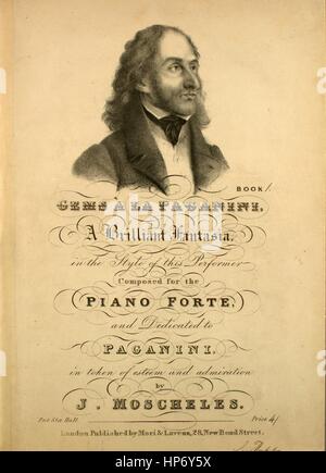 Titelbild der Noten des Liedes "Edelsteine"à la Paganini A Brilliant Fantasia im Stil der diese Darsteller [von Moscheles handsigniert]", mit ursprünglichen Autorschaft Noten lesen 'Komponiert für das Piano-Forte von J Moscheles', Vereinigtes Königreich, 1900. Der Verlag als "Mori und Lavenn, 28 New Bond Street" aufgeführt ist, die Form der Komposition ist "Schnitt", die Instrumentierung ist "Klavier", liest die erste Zeile "None" und der Abbildung Künstler als "Glanz Herrn" aufgeführt ist. Stockfoto