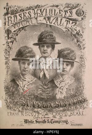 Titelbild der Noten des Liedes "Rosen und Veilchen-Vocal-Walzer", mit ursprünglichen Autorschaft Noten lesen "Worte von Frank N Scott Music von Chas D Blake", USA, 1882. Der Verlag als "White, Smith and Company" aufgeführt ist, die Form der Komposition ist "Schnitt", die Instrumentierung ist "Klavier und Stimme", die erste Zeile lautet "Rose und Veilchen, Robin und Whippoorwill, atmen und singen des Himmels" und der Abbildung Künstler als "Kirk" aufgeführt ist. Stockfoto
