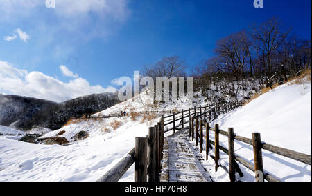 Noboribetsu Onsen und Gehweg Brücke Schnee Winter Nationalpark in Jigokudani, Hokkaido, Japan Stockfoto