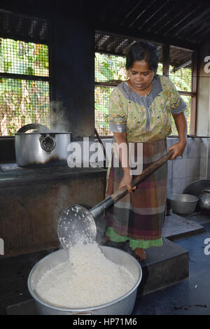 Mumbai, Indien - 28. Oktober 2015 - Frau Kochen Reis in einer traditionellen Küche in Indien am offenen Feuer Stockfoto
