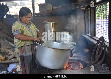 Mumbai, Indien - 28. Oktober 2015 - Frau Kochen Reis in einer traditionellen Küche in Indien am offenen Feuer Stockfoto