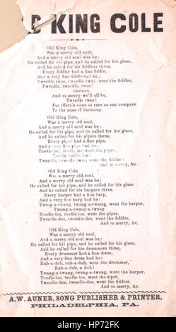 Noten-Cover-Bild des Liedes "Lied Blatt Old King Cole [beschädigte Kopie]", mit ursprünglichen Autorschaft Noten lesen "Na", USA, 1900. Der Verlag als "A.W. Auner, Song-Verleger und Drucker" aufgeführt ist, die Form der Komposition ist "strophische mit Chor", die Instrumentierung ist "Na", die erste Zeile lautet "Old King Cole war eine fröhliche alte Seele", und der Abbildung Künstler wird als 'None' aufgeführt. Stockfoto