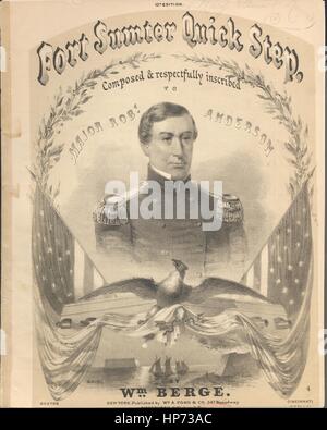 Titelbild der Noten des Liedes "Fort Sumter Quick Step 10. Auflage", mit ursprünglichen Autorschaft Noten lesen "Komponiert von Wm Berge", USA, 1861. Der Verlag als "Firth, Teich und Co., 547 Broadway" aufgeführt ist, die Form der Komposition ist "da capo mit Trio", die Instrumentierung ist "Klavier", liest die erste Zeile 'None' und der Abbildung Künstler als 'None' aufgeführt ist. Stockfoto