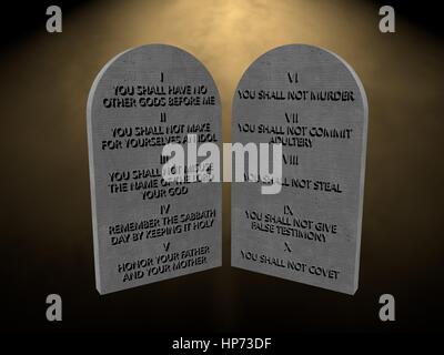 10 Gott Gebote Steinen Tabletten Lichtstrahlen 3d Render rendering Stockfoto