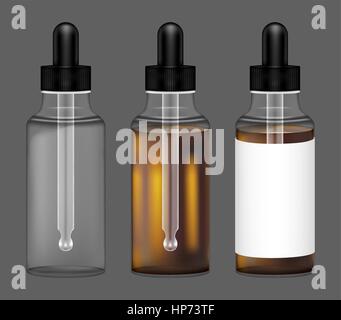 Satz von echten transparente Medizin Glasflasche mit Pipette Stock Vektor