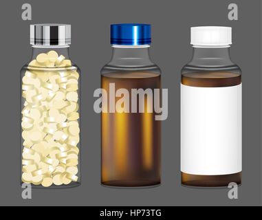 Satz von echten transparente Medizin Glasflasche Stock Vektor