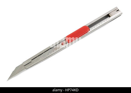 Teppichmesser Edelstahl Griff mit Kratzern aus Verwendung isoliert auf weißem Hintergrund Stockfoto