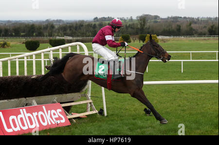 Ball d ' Arc, geritten von Bryan Cooper springt das letzte The Flyingbolt Anfänger Hindernislauf bei Ladbrokes Boyne Hurdle Raceday in Navan Rennbahn zu gewinnen. Stockfoto