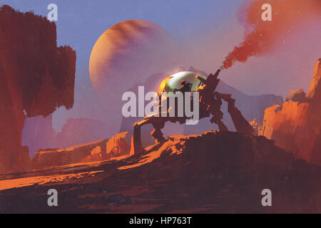 Sci-Fi-Szene des Mannes in das Roboterfahrzeug auf roten Planeten, Illustration, Malerei Stockfoto