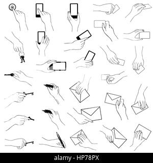 Gesten der Hand Sammlung. Hände halten Handy, Schlüssel, Karte. doodle Line Art. Stock Vektor