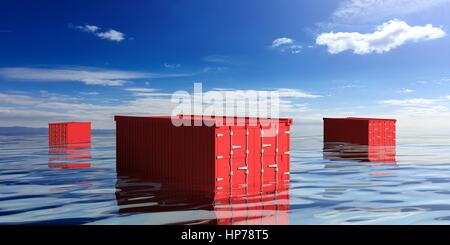 Roten Containern im Meer. 3D illustration Stockfoto