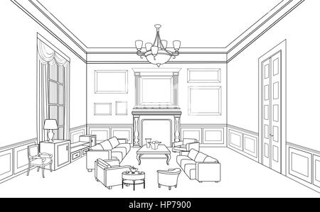 Home Inneneinrichtung mit Sofa, Sessel, Tisch. Wohnzimmer Zeichnung Design. graviert Handzeichnung Vector Illustration Stock Vektor