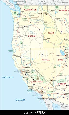 Straßen, politische und administrative Karte der westlichen Vereinigte Staaten von Amerika mit nationalen Parks.eps Stock Vektor