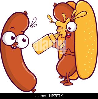 Vektor-Illustration eine Cartoon-Wurst und ein Hot-Dog-Charakter halten Sie eine Flasche von Senf und spritzt sich mit Sauce. Stock Vektor