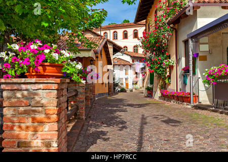 Schmalen gepflasterten Straße und typische Häuser geschmückt mit Blumen in Stadt Barolo, Piemont, Norditalien. Stockfoto
