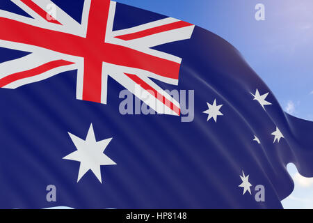 3D rendering von Australien Fahnenschwingen auf blauen Himmelshintergrund, offiziell Commonwealth of Australia, Australia Day ist der offizielle Nationalfeiertag auf Stockfoto