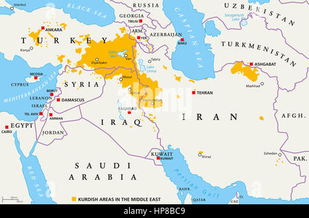 Kurdischen Gebiete im Nahen Osten, politische Karte. Länder mit ihren Hauptstädten, nationale Grenzen und wichtigen Städten. Kurdischen Gebieten in der Farbe orange. Stockfoto