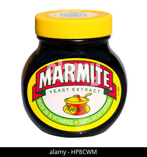 Glas mit Marmite, Ausschneiden oder isoliert auf einem weißen Hintergrund. Stockfoto