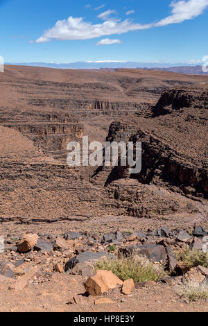 Antiatlas, Marokko.  Ein Wadi, ein Überwasser-Kurs in den Bergen.  Schneebedeckte Atlasgebirge am Horizont. Stockfoto