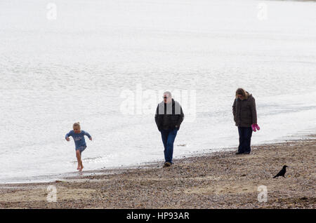 Weymouth, Dorset, UK. 20. Februar 2017. Großbritannien Wetter. Wanderer genießen Sie einen Spaziergang am Strand an einem bewölkten Tag in Weymouth in Dorset an einem Tag über Durchschnittstemperaturen. Bildnachweis: Graham Hunt/Alamy Live-Nachrichten Stockfoto